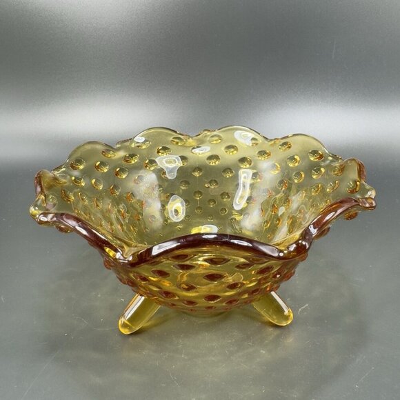 Vintage 3 Toed Hobnail Amber Footed Dish Bowl Container Wavy Edges Decor VTG - Picture 8 of 12